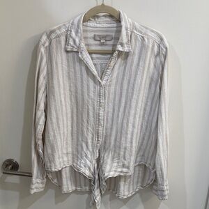 LOFT Beige and White Striped Button-Down Tie-Hem Shirt